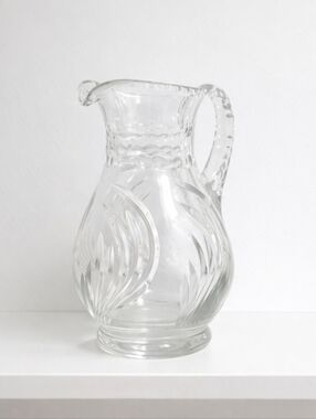 Vintage Etched Glass Pitcher | Floral Cut Design | Clear Water Jug Vase Decor